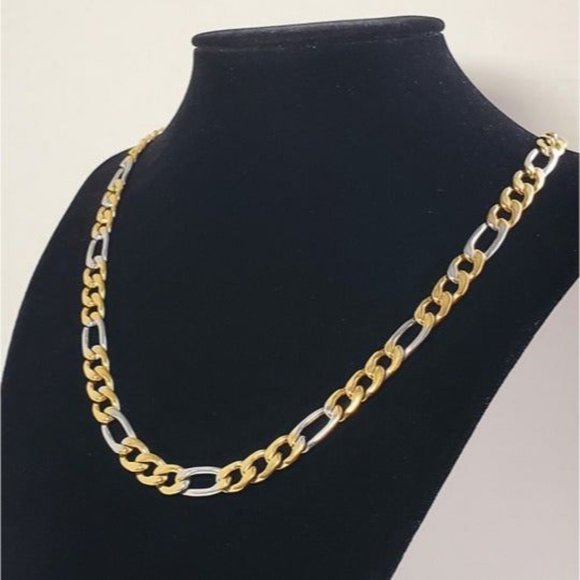24" Womens 18K Gold Silver Mixed Two Tone Figaro Chain Link Necklace Jewelry 18 - Picture 1 of 4